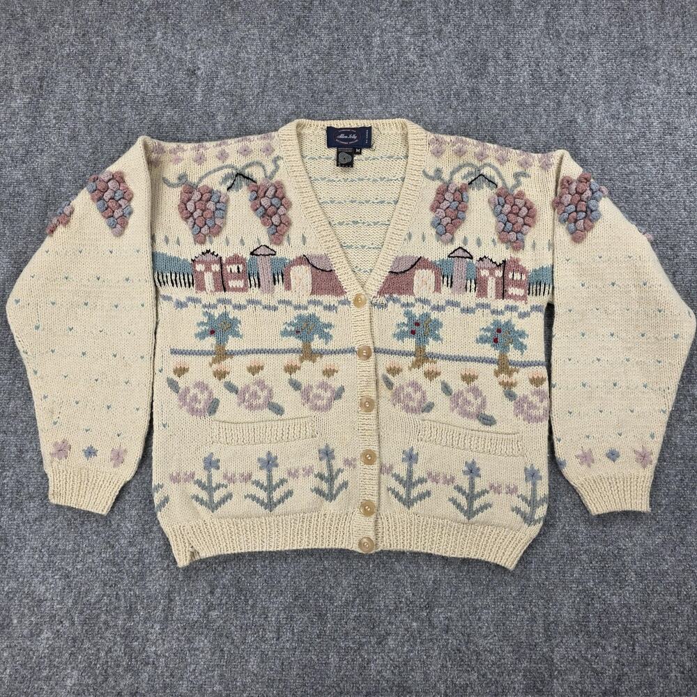 Allen Solly Cardigan Womens Medium Cottagecore Knit Scenic Grapes Floral Grandma